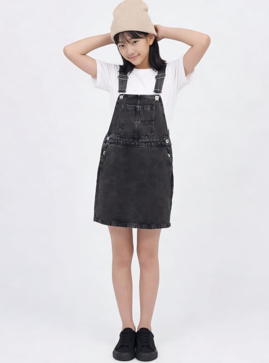 Girls Washed Dungaree Dress with T-shirt