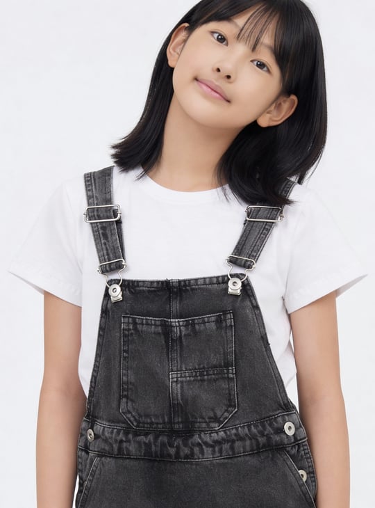 Girls Washed Dungaree Dress with T-shirt