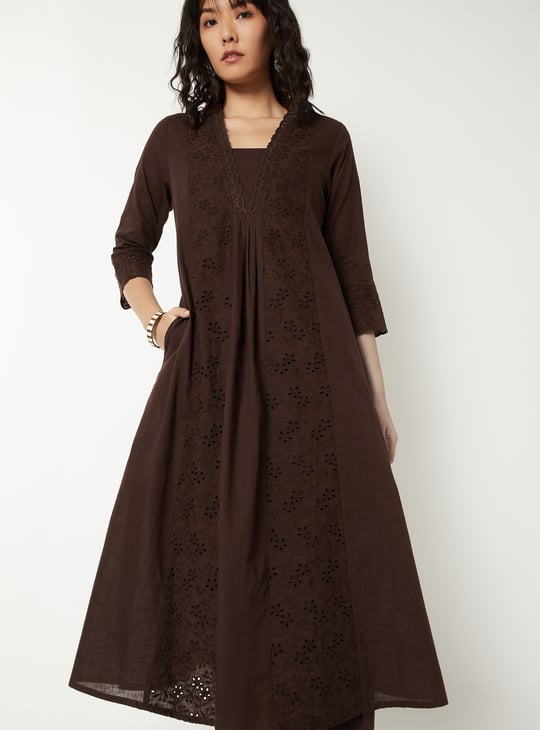 brown schiffli dress Destiny Brown Schiffli Cotton Maxi Dress with Tassel Details