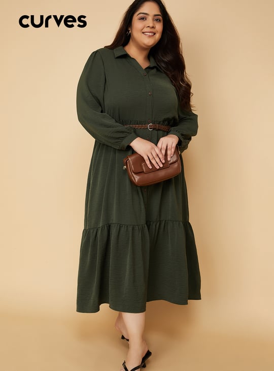 Women Textured A-line Tiered Shirt Dress with Belt