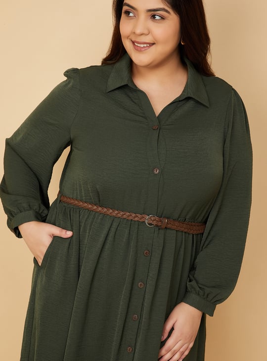 Women Textured A-line Tiered Shirt Dress with Belt