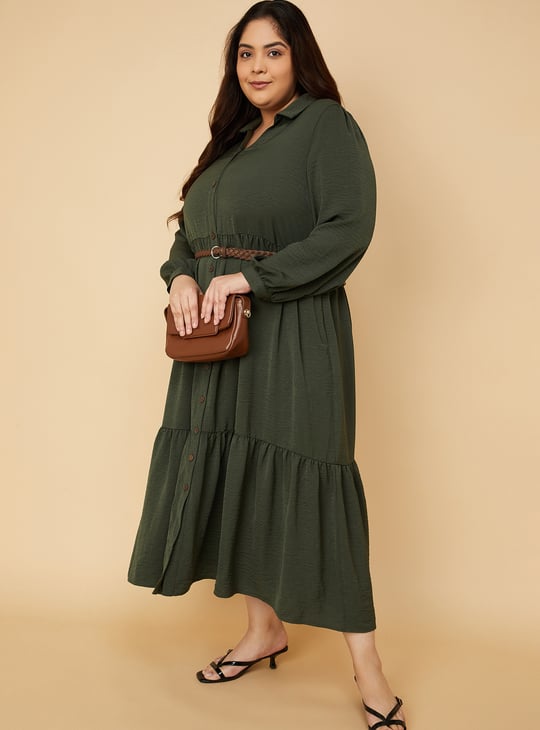 Women Textured A-line Tiered Shirt Dress with Belt