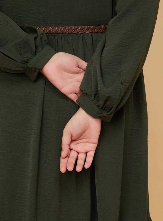 Women Textured A-line Tiered Shirt Dress with Belt