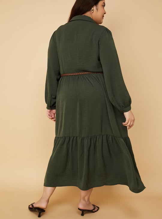 Women Textured A-line Tiered Shirt Dress with Belt