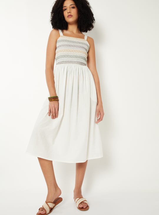 Women Smocked A-line Midi Dress