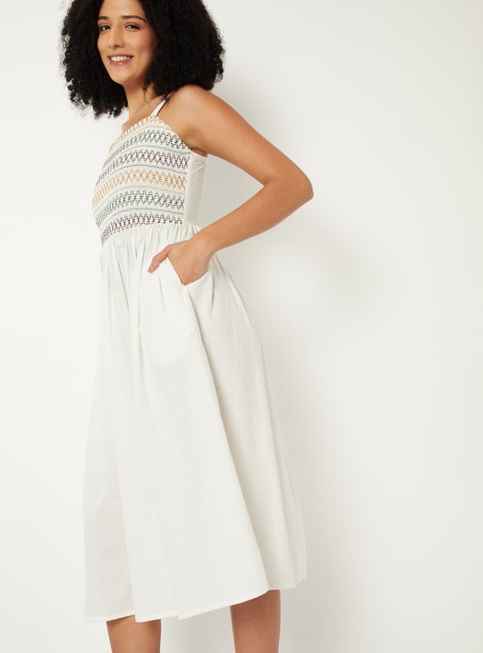 Women Smocked A-line Midi Dress