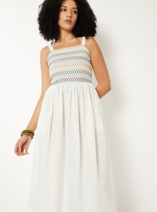 Women Smocked A-line Midi Dress