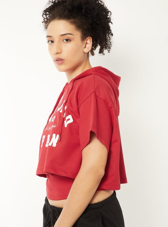 Women Printed Hooded Boxy Fit Sports T-shirt with Camisole
