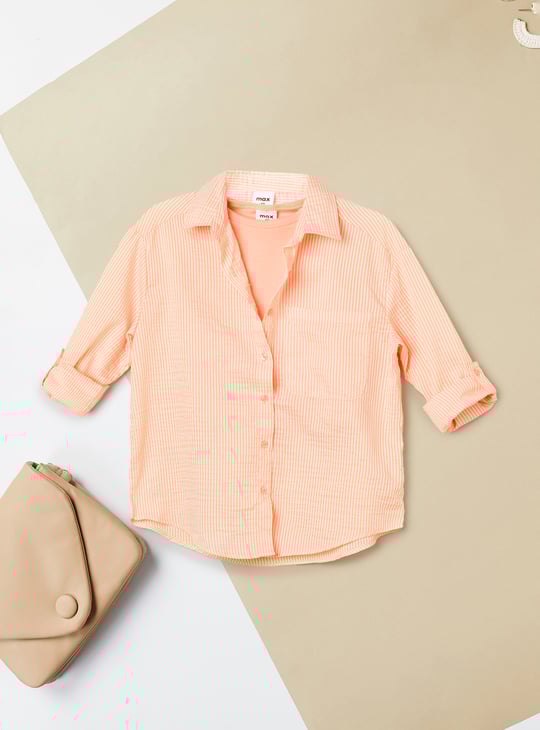 Girls Striped Oversized Shirt with T-shirt