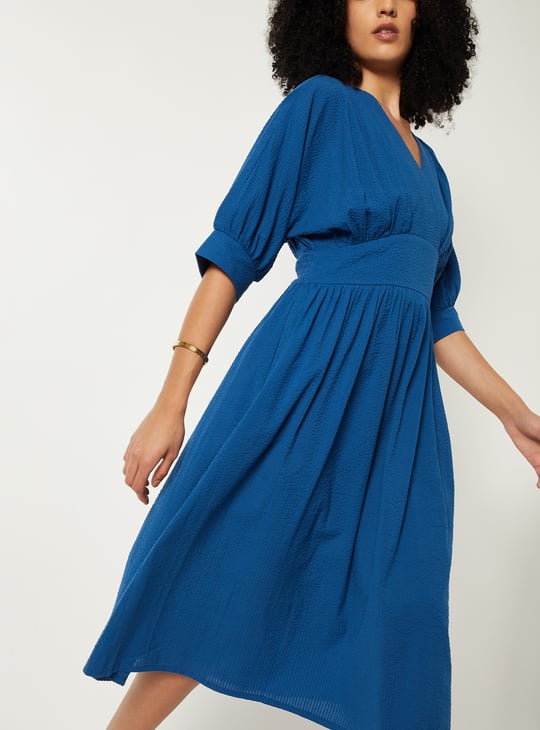 Women Textured A-line Midi Dress | Blue | Textured