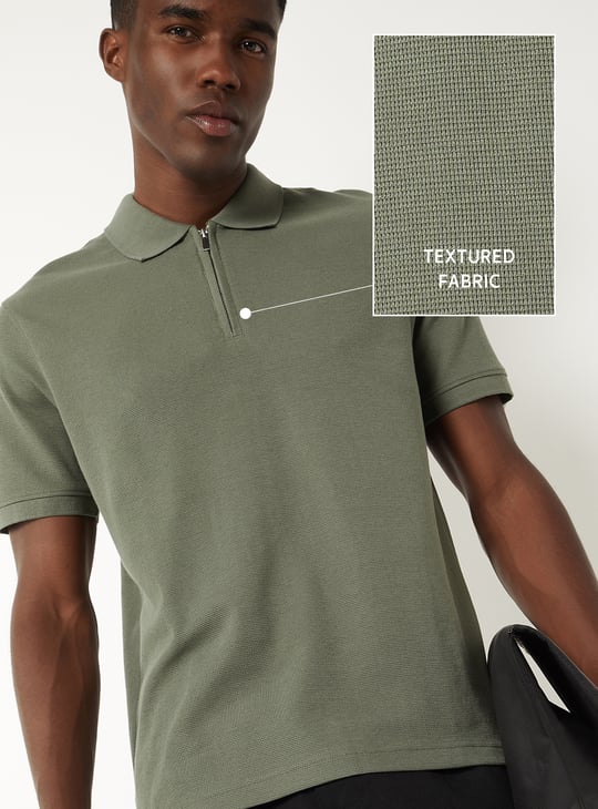 Men Solid Zipper Polo T-shirt | Green | Solid