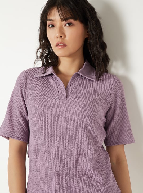 Women Textured Johnny Collar T-shirt