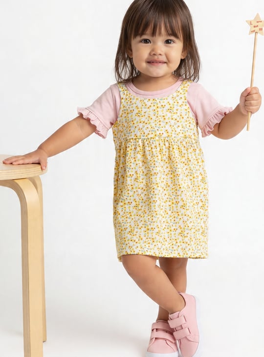 Girls Floral Print Pinafore Dress with Top