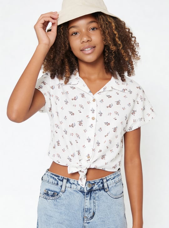 Girls Printed Seersucker Tie-up Shirt