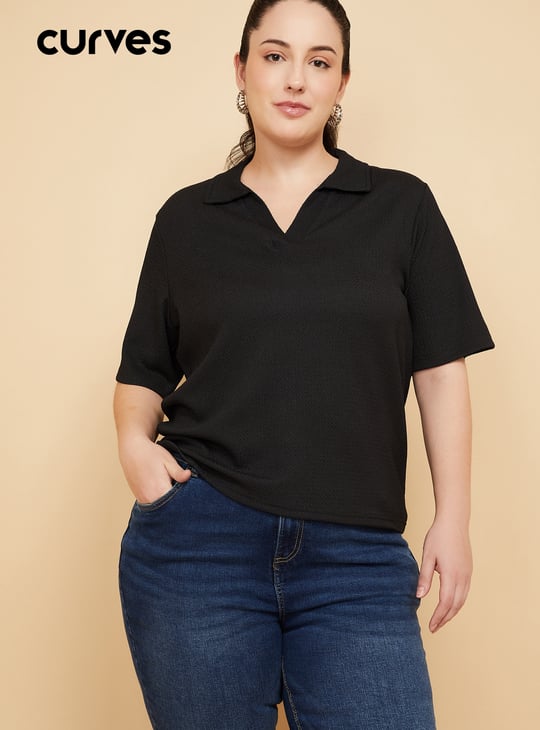 Women Textured Johnny Collar T-shirt