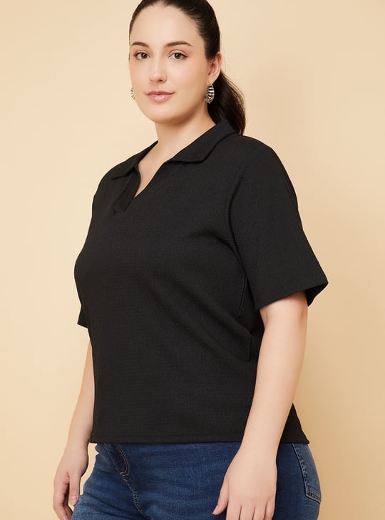 Women Textured Johnny Collar T-shirt