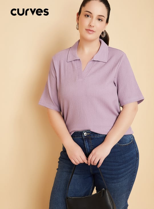 Women Textured Johnny Collar T-shirt