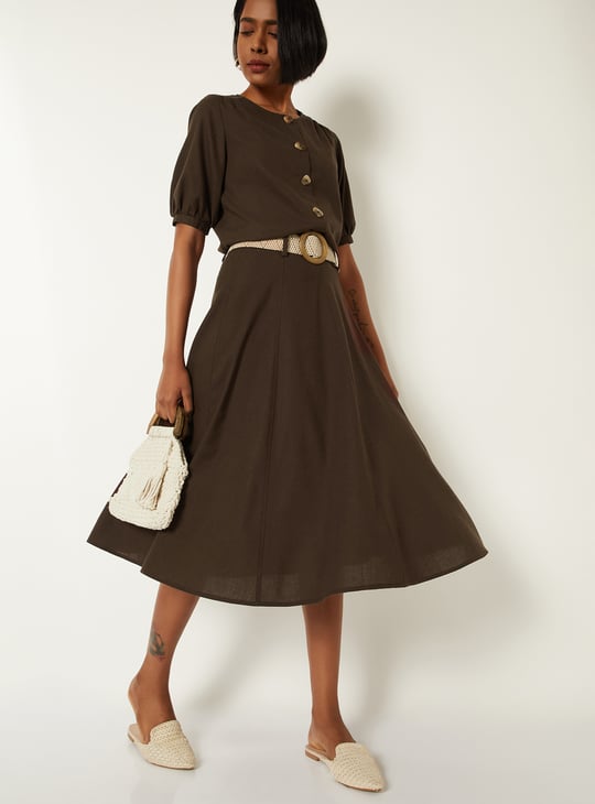 Women Solid Midi Skirt with Belt