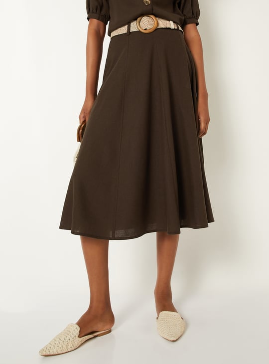 Women Solid Midi Skirt with Belt