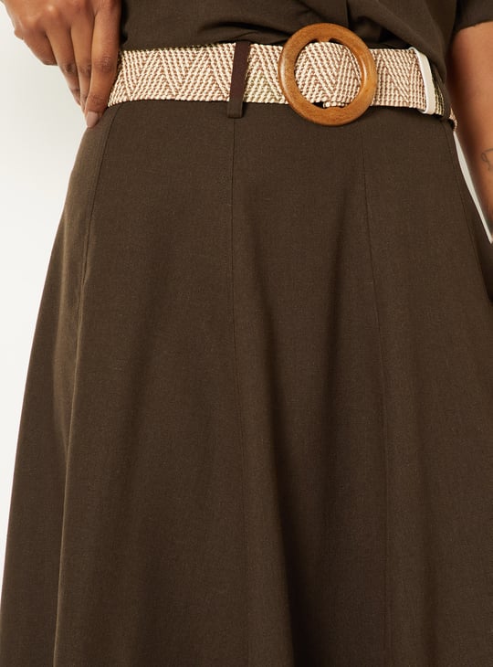 Women Solid Midi Skirt with Belt