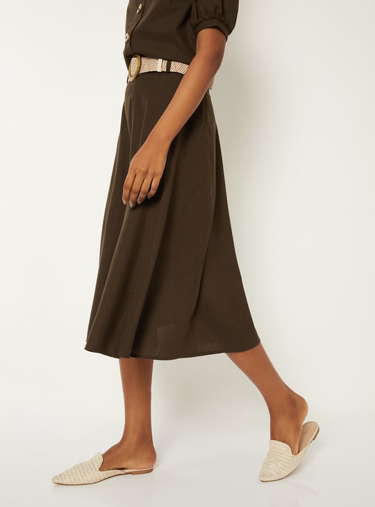 Women Solid Midi Skirt with Belt