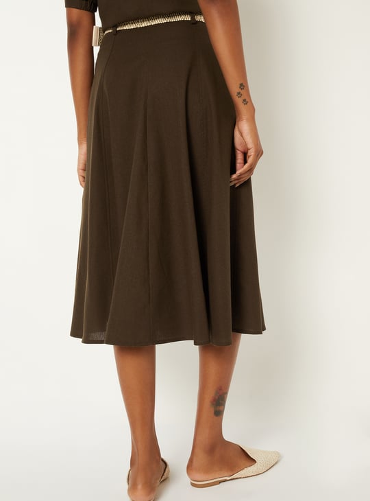 Women Solid Midi Skirt with Belt