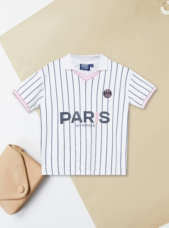 Girls Striped Sports Johnny Collar T-shirt