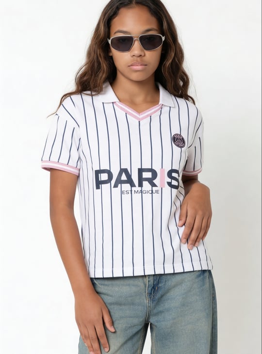 Girls Striped Sports Johnny Collar T-shirt
