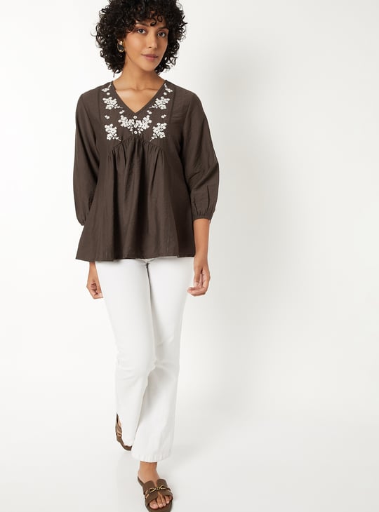 Women Embroidered Tunic | Brown