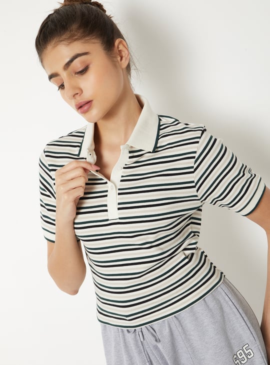 Women Striped Sports Polo T-shirt