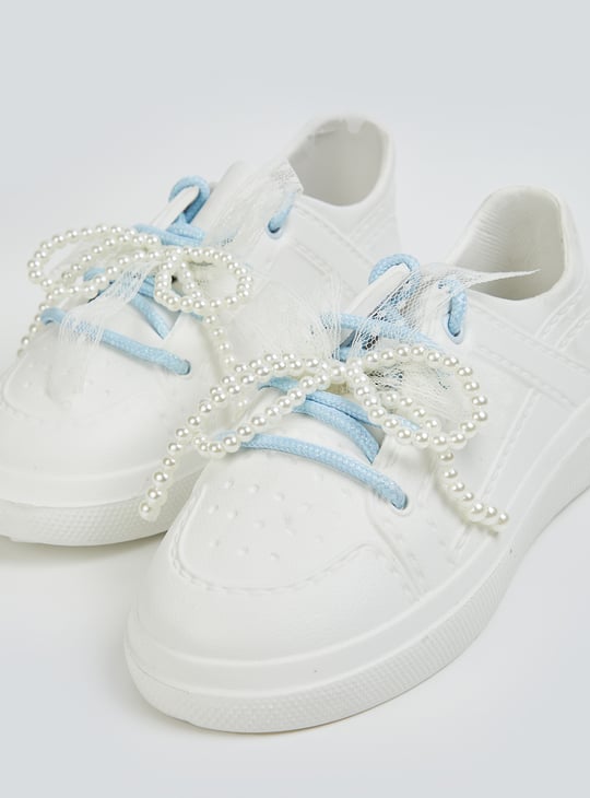 Girls Pearl Embellished Lace-Up Shoes
