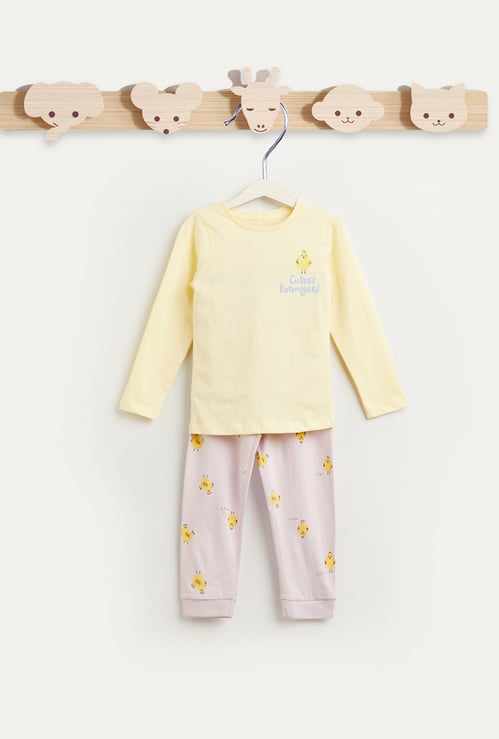 Juniors Bird Print T-shirt with Long Sleeves and Pyjama Set