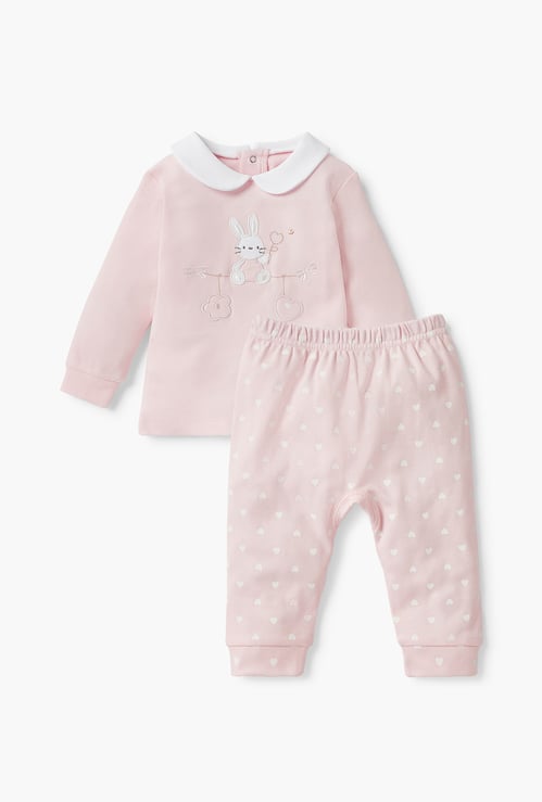 Giggles Bunny Applique T-shirt and Heart Print Pyjama Set