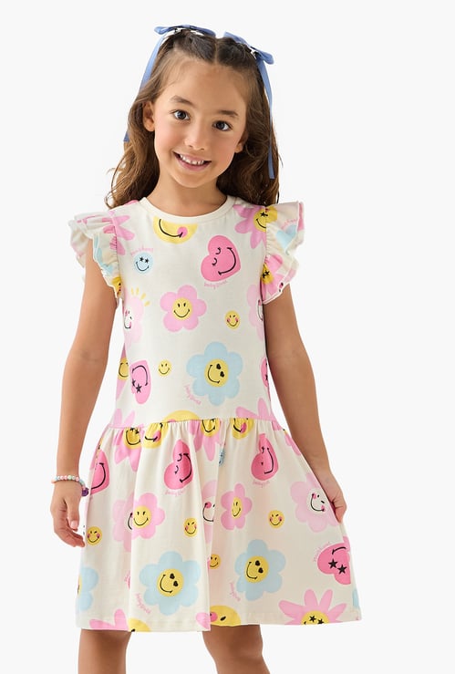 SmileyWorld All-Over Print Sleeveless Drop Waist Dress