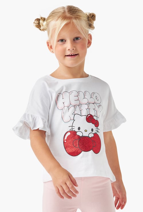 Sanrio Hello Kitty Print T-shirt with Ruffled Short Sleeves