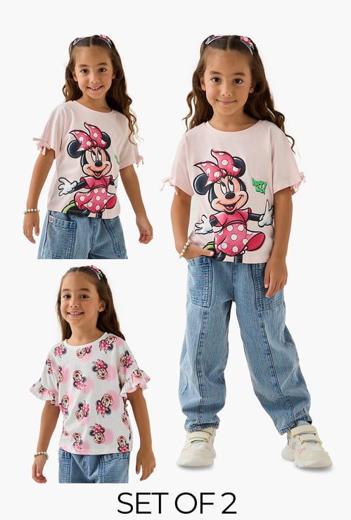 Juniors Minnie Mouse Print T-shirt with Round Neck - Set of 2