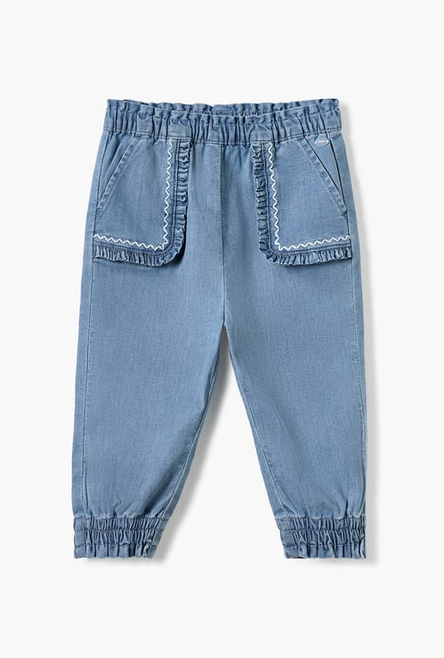 Giggles Solid Denim Joggers with Elasticated Waistband