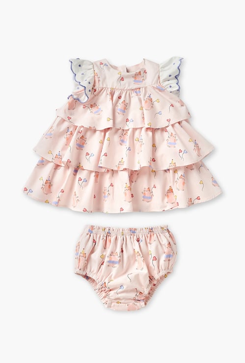 Juniors Cat Print Tiered Dress with Bloomers