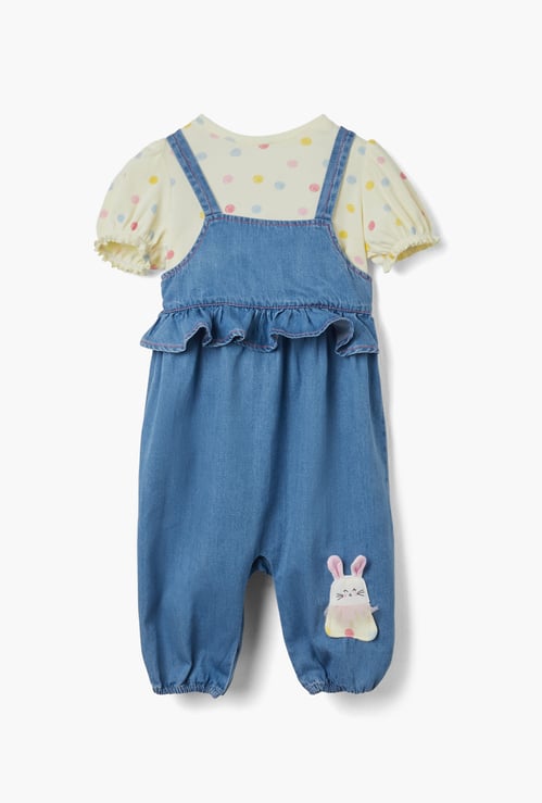 Juniors Bunny Applique Dungaree and T-shirt Set