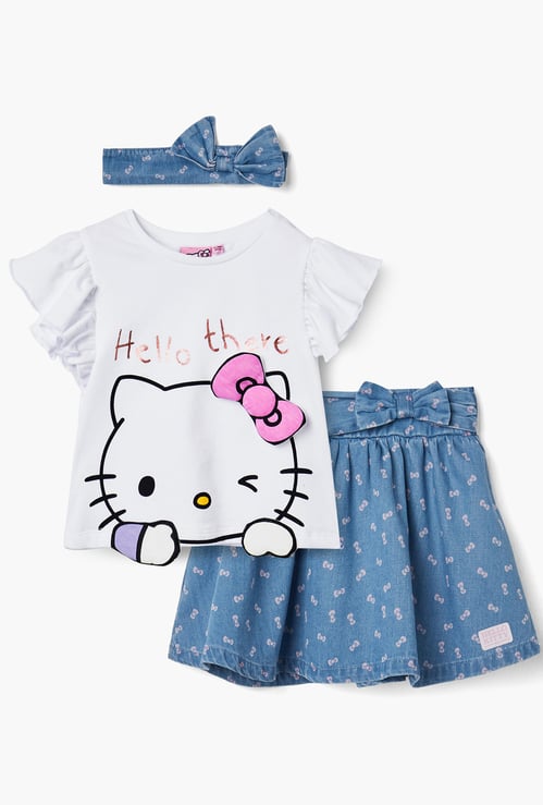 Juniors Hello Kitty Print T-shirt with Skirt and Hairband