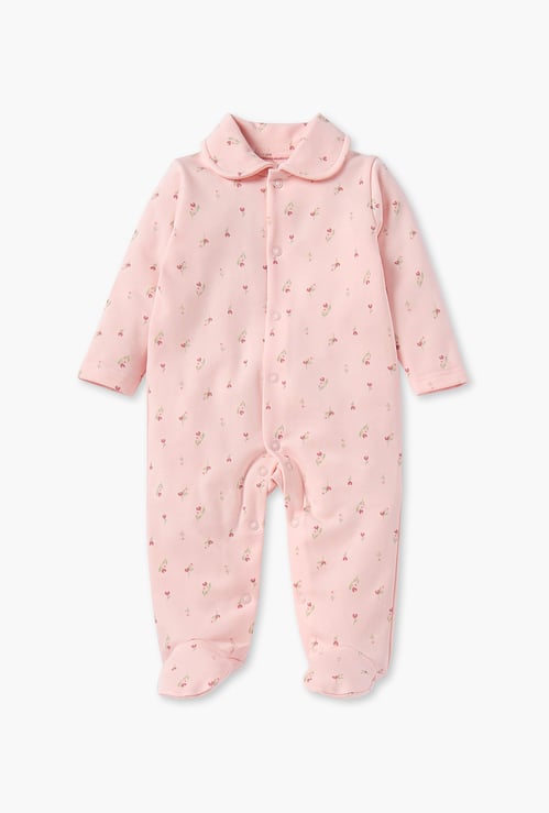 Juniors Floral Print Sleepsuit with Collar and Button Closure