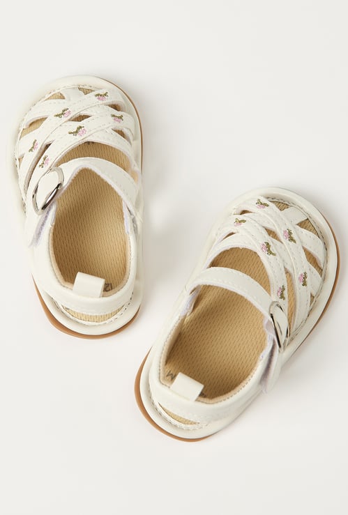 Juniors Floral Embroidered Sandals with Hook and Loop Closure