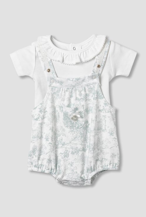 Giggles Floral Print Short Sleeves T-shirt and Dungaree Set