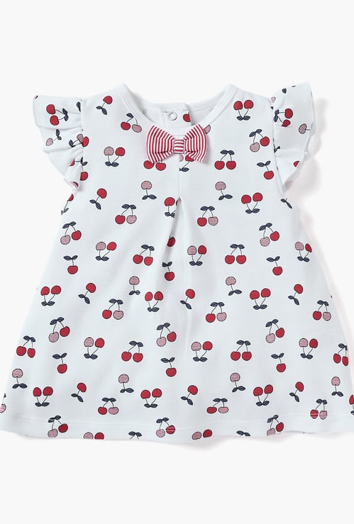 Juniors Cherry Print Dress with Bow Detail