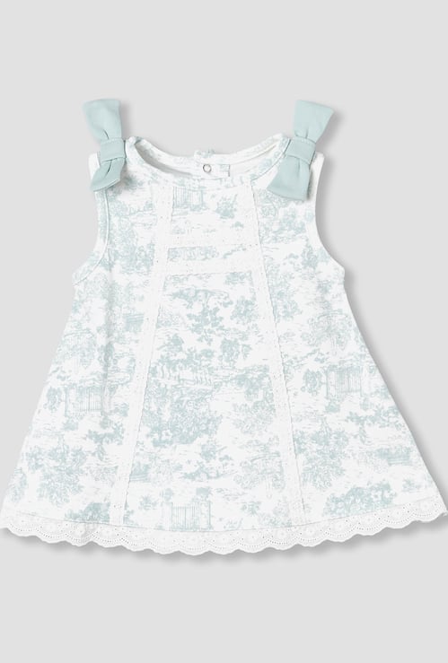Giggles Printed A-line Dress with Bow Applique