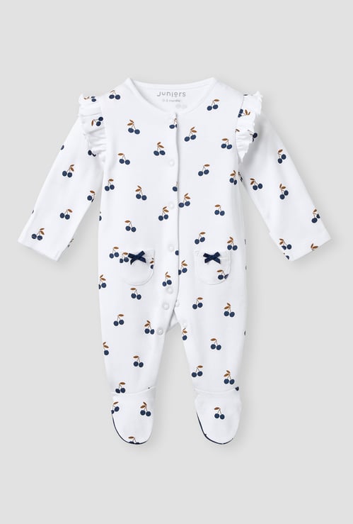 Juniors Cherry Print Sleepsuit with Long Sleeves and Button Closure