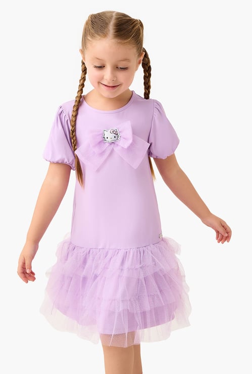 Juniors Hello Kitty Ruffle Detail Dress with Round Neck and Short Sleeves