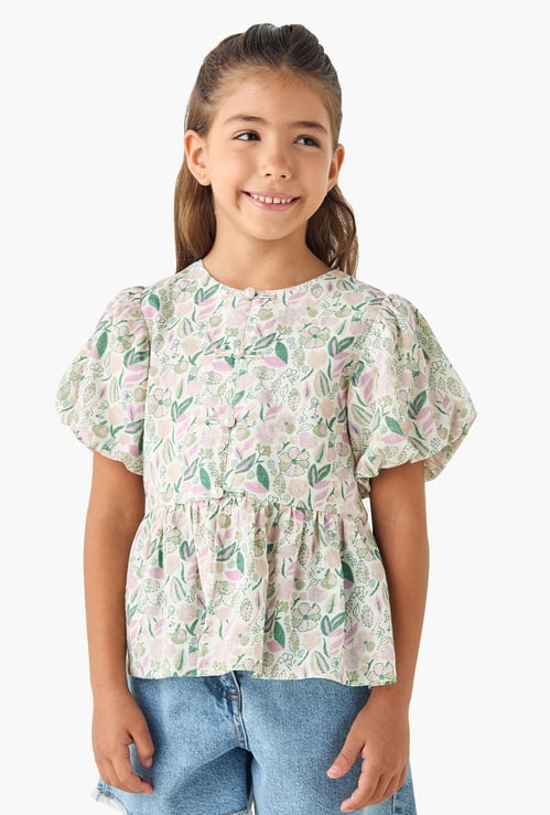 Juniors Floral Print Peplum Top with Round Neck