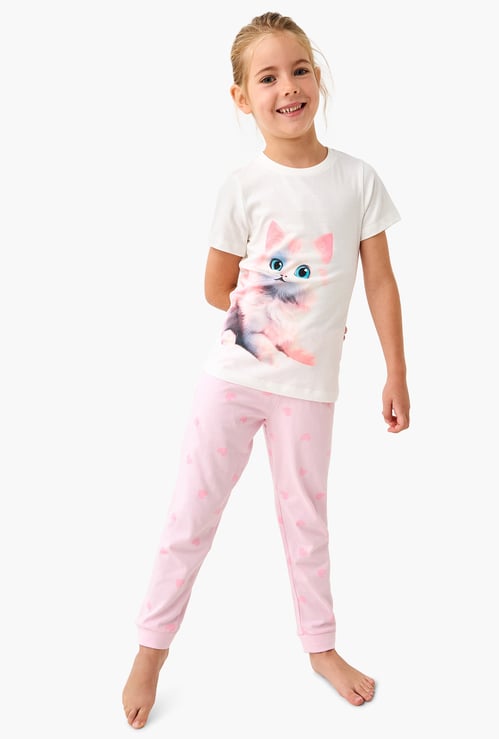 Juniors Cat Print T-shirt and Pyjama Set