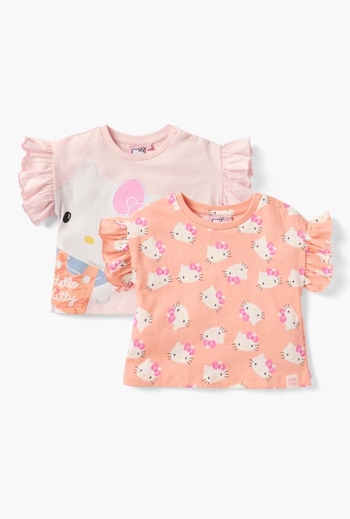 Hello Kitty Print T-shirt with Ruffle Sleeves - Set of 2